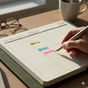 Close-up of a person writing a schedule in an 18 month daily planner with hourly time slots.