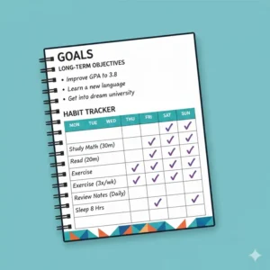 An illustrative guide to the goal-setting and habit-tracking pages of a high school student planner.