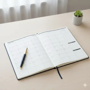An open planner large showing a two-page monthly calendar spread with plenty of room for writing notes.