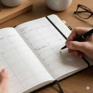 Illustration 2: Detailed view of the horizontal layout inside a weekly pocket planner 2026.