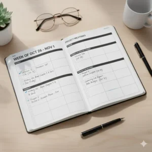 Detailed weekly view of a 2026 college planner featuring a dedicated checklist for homework and project milestones.