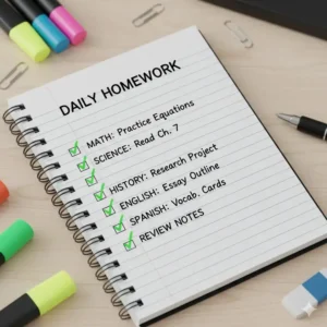 A close-up view of a structured daily to-do list written inside a homework notebook.