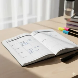 A daily planner page showing time-blocking sections for a middle school class schedule and after-school activities.
