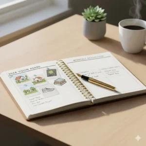 The dedicated goal setting and vision board pages of a premium 18 month weekly monthly planner.