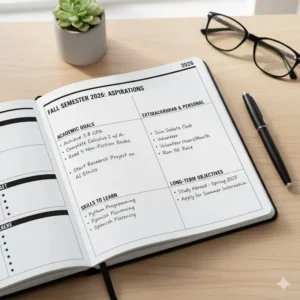 A 2026 college planner page designed for setting academic goals, GPA targets, and extracurricular objectives.