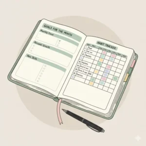 An illustrated habit tracker and goal-setting page inside a mini planner 2026.