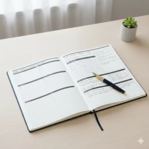 Close-up illustration of the goal-setting section in a planner large featuring checkboxes and habit trackers.