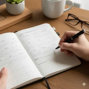 Illustration 3: High-angle shot of the monthly calendar pages within a weekly pocket planner 2026.