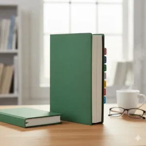 Side view of a thick 18 month daily planner highlighting the durable spine and monthly dividers.