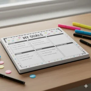 An illustration of a goal-setting page in a student planner helping middle schoolers track academic milestones.