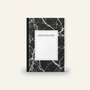 A traditional black and white marble cover of a classic composition homework notebook.