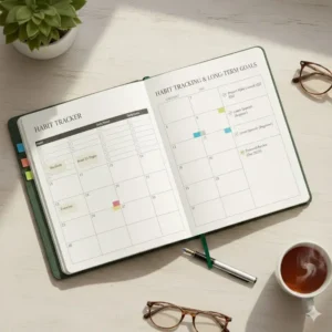 Interior pages of an 18 month daily planner featuring a habit tracker and goal-setting sections.