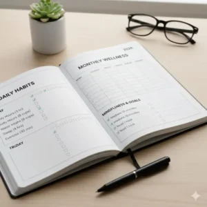 Illustration of a habit tracker within a 2026 college planner for monitoring sleep, study hours, and water intake.