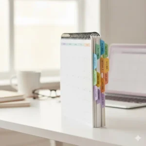 A side-angle view showing colorful monthly tabbed dividers in a july to june planner.