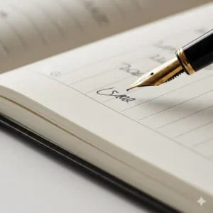 Close-up of a fountain pen writing on the thick, bleed-resistant pages of a planner large.