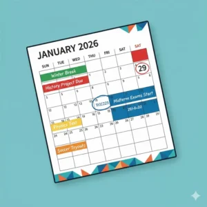 A monthly calendar overview featuring academic deadlines in a high school student planner.