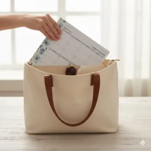 A hand placing a compact 17 month planner 2026 into a canvas tote bag for portability.