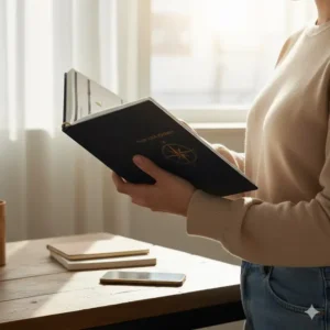 A person holding the compact and portable version of the 18 month weekly monthly planner in an office setting.