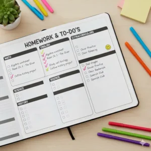 A colorful homework checklist inside a planner used to help middle school students stay organized.