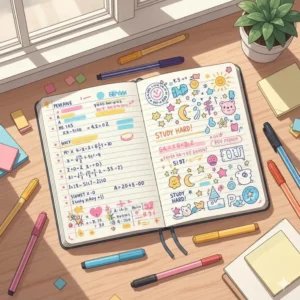 An aesthetic and creative homework notebook page filled with colorful doodles and organized notes.