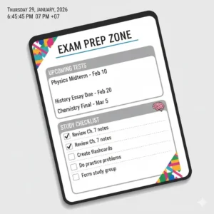 A dedicated exam preparation and study checklist page from a high school student planner.
