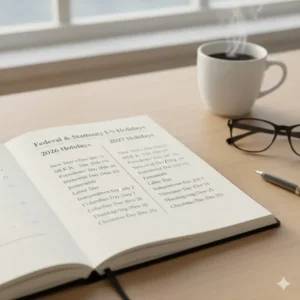 A reference page displaying federal holidays and important dates for 2026 and 2027 in 2 year planners.