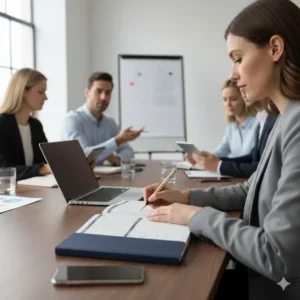 A professional using a planner large to take detailed notes during a business meeting in an office setting.