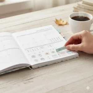 Close-up of decorative stickers and monthly tabs being used in a 17 month planner 2026.