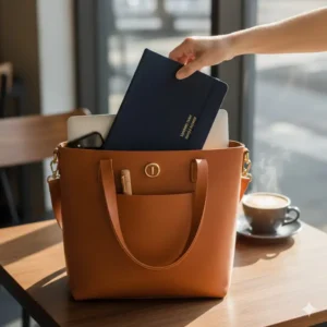A professional person placing an 18 month daily planner into a leather tote bag for portability.