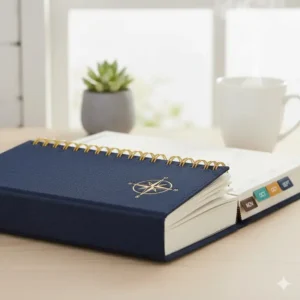 Side view highlighting the durable monthly tabs for easy navigation through the 18 month weekly monthly planner.