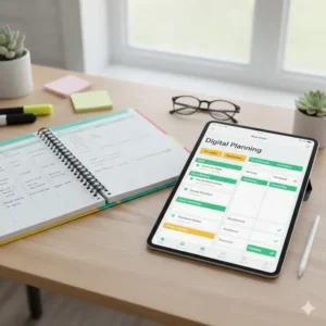 A side-by-side comparison of a paper academic planner and a digital planning app for middle schoolers.