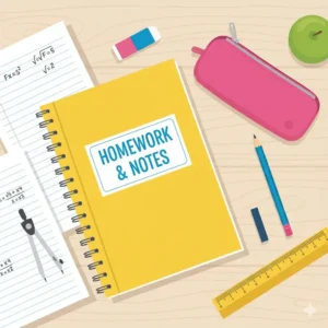 A flatlay of essential school supplies arranged neatly around a bright homework notebook.