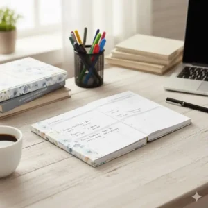 A student's workspace featuring an open 17 month planner 2026 for tracking academic assignments.