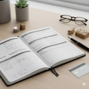 Student budget tracking page in a 2026 college planner showing sections for tuition, textbooks, and monthly living expenses.