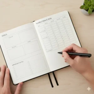 Illustration 6: The dedicated yearly goals and habit tracker section of a weekly pocket planner 2026.