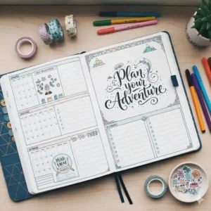 A planner large used as a creative bullet journal with colorful stickers, sketches, and artistic calligraphy.