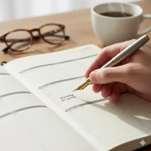 High-quality thick paper of an 18 month daily planner showing no ink bleed through when writing.