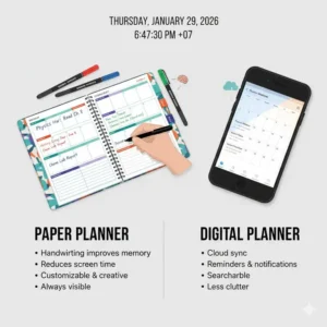 A side-by-side comparison illustration of a physical high school student planner versus a digital app.