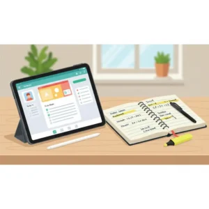 A modern workspace showing a digital tablet side-by-side with a traditional paper homework notebook.