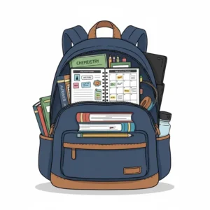 An organized school bag containing textbooks and high school planners.