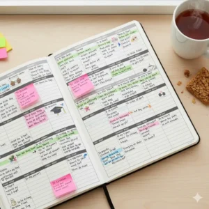 An 18 month weekly monthly planner filled with color-coded stickers and appointments for academic use.