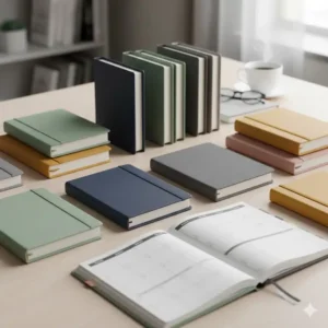 A flat lay collection of various aesthetic colors for an 18 month daily planner set on a workspace.