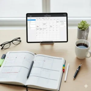 A digital version of the 2026 college planner displayed on a tablet alongside a stylus and coffee.