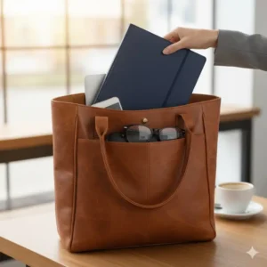 A sleek planner large being placed into a leather tote bag, showing its portability for commuters.