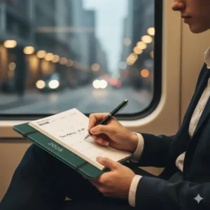 Illustration 7: A person writing an appointment in their weekly pocket planner 2026 during a daily commute.