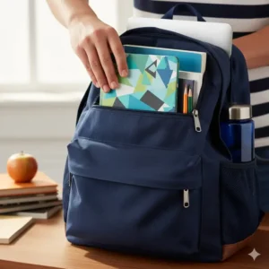 A student putting a slim and portable best planner for high school students into their backpack.