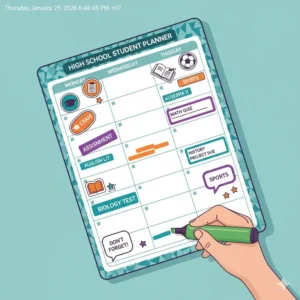 An illustration of colorful stickers and color-coding systems for a high school student planner.