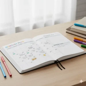 A clean monthly calendar view in a student planner showing long-term project deadlines and school holidays.