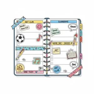 Creative personalization of high school planners using colorful stickers and pens.