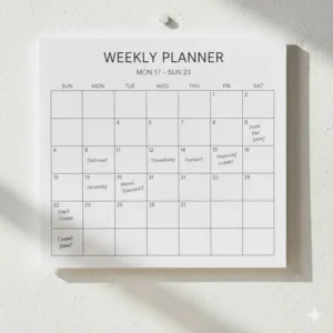 Close-up view of a weekly wall calendar showing spacious daily boxes and a notes section.